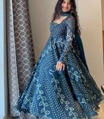 Teal blue bandhani printed georgette anarkali kurta set with pant and dupatta for women