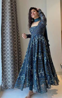 Teal blue bandhani printed georgette anarkali kurta set with pant and dupatta for women 2