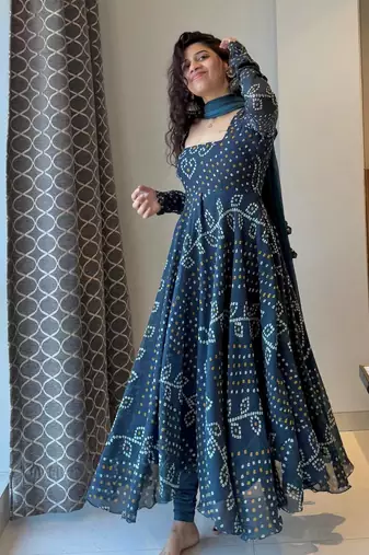 Teal blue bandhani printed georgette anarkali kurta set with pant and dupatta for women