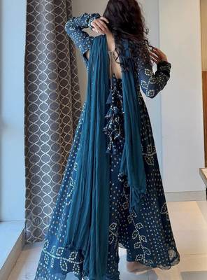 Teal blue bandhani printed georgette anarkali kurta set with pant and dupatta for women 3