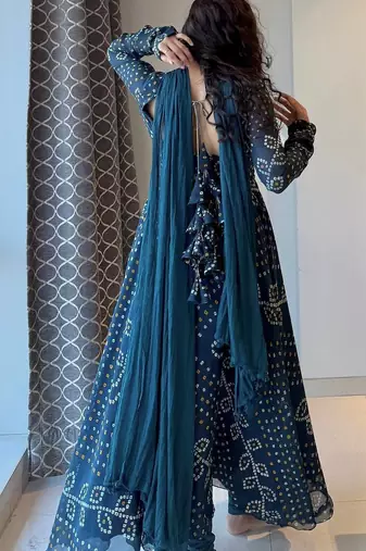 Teal blue bandhani printed georgette anarkali kurta set with pant and dupatta for women