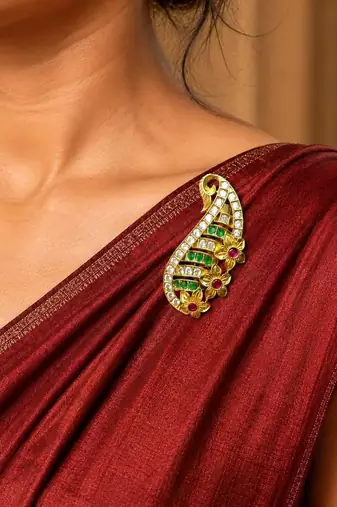 Traditional Indian Saree Brooch, Kundan Style, Green Ruby Accents