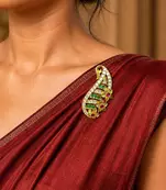 Traditional Indian Saree Brooch, Kundan Style, Green Ruby Accents