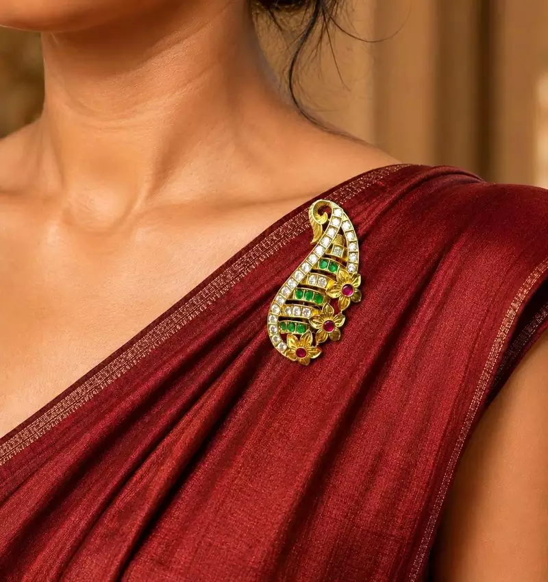 Traditional Indian Saree Brooch, Kundan Style, Green Ruby Accents