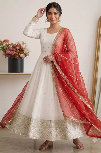 Designer off-white silk blend flared gown suit with contrast red heavy embroidered dupatta & trouser set for women