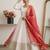 Designer off-white silk blend flared gown suit with contrast red heavy embroidered dupatta & trouser set for women