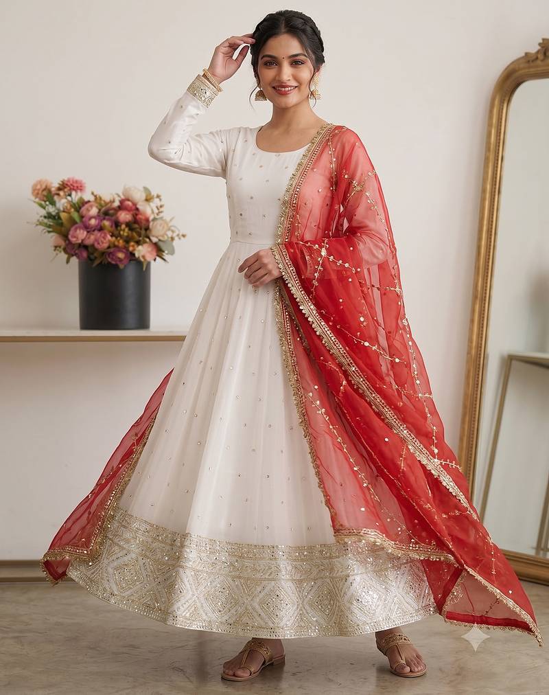 Designer off-white silk blend flared gown suit with contrast red heavy embroidered dupatta & trouser set for women