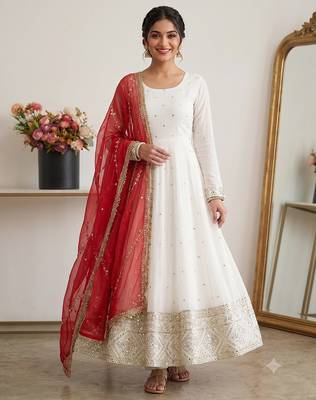 Designer off-white silk blend flared gown suit with contrast red heavy embroidered dupatta & trouser set for women 2