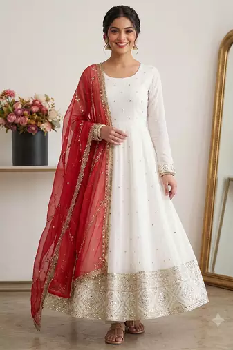 Designer off-white silk blend flared gown suit with contrast red heavy embroidered dupatta & trouser set for women
