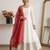 Designer off-white silk blend flared gown suit with contrast red heavy embroidered dupatta & trouser set for women