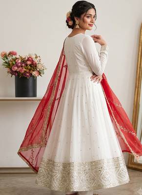 Designer off-white silk blend flared gown suit with contrast red heavy embroidered dupatta & trouser set for women 3
