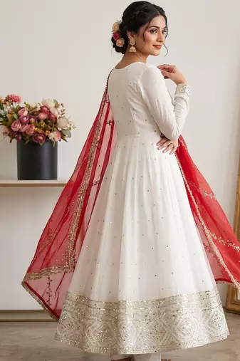 Designer off-white silk blend flared gown suit with contrast red heavy embroidered dupatta & trouser set for women