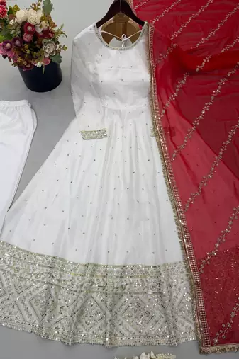 Designer off-white silk blend flared gown suit with contrast red heavy embroidered dupatta & trouser set for women