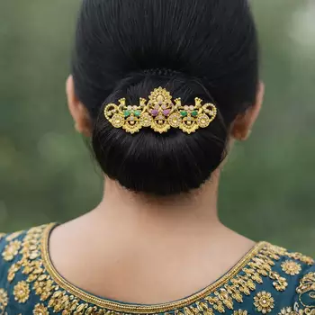 Gold-Plated Peacock Hair Clip with Kemp Stones, South Indian Wedding Jewelry 1