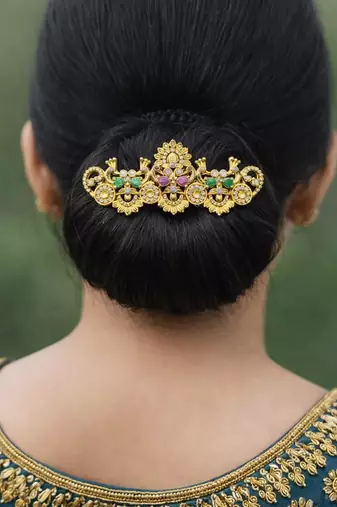 Gold-Plated Peacock Hair Clip with Kemp Stones, South Indian Wedding Jewelry