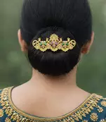 Gold-Plated Peacock Hair Clip with Kemp Stones, South Indian Wedding Jewelry
