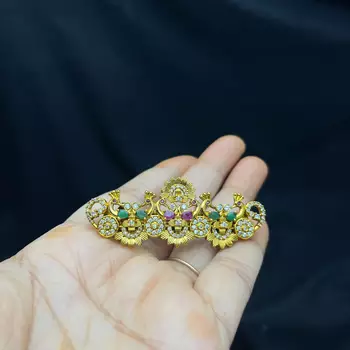 Gold-Plated Peacock Hair Clip with Kemp Stones, South Indian Wedding Jewelry 2
