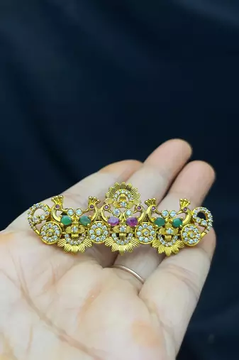 Gold-Plated Peacock Hair Clip with Kemp Stones, South Indian Wedding Jewelry