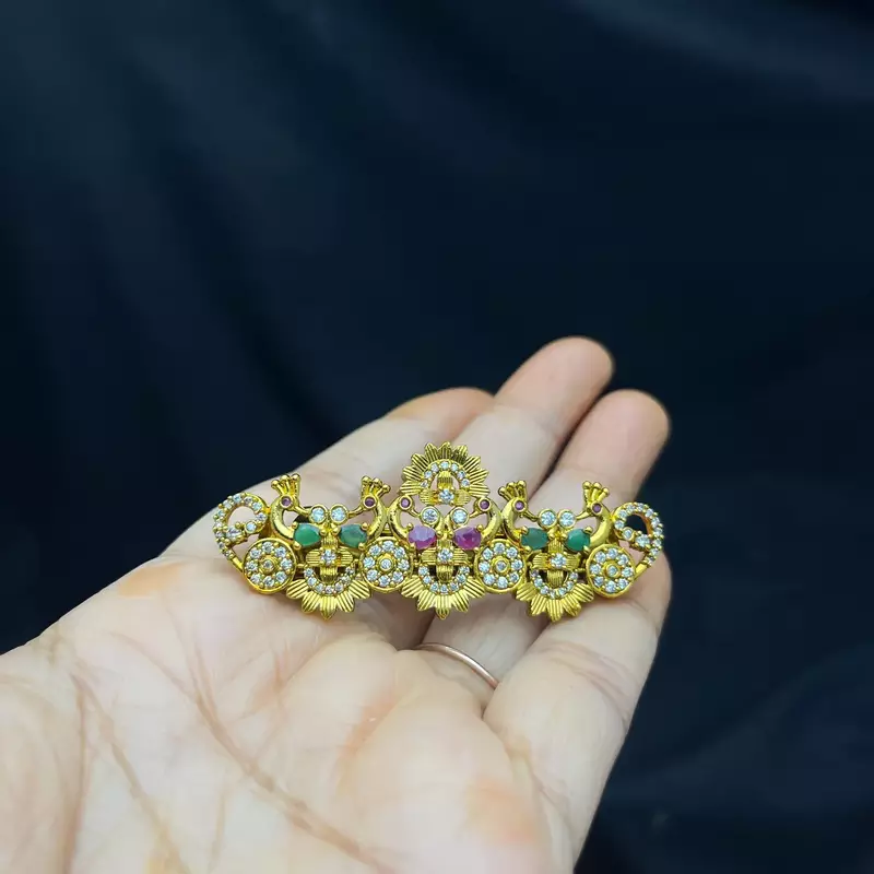 Gold-Plated Peacock Hair Clip with Kemp Stones, South Indian Wedding Jewelry