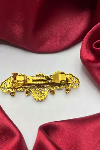 Gold-Plated Peacock Hair Clip with Kemp Stones, South Indian Wedding Jewelry