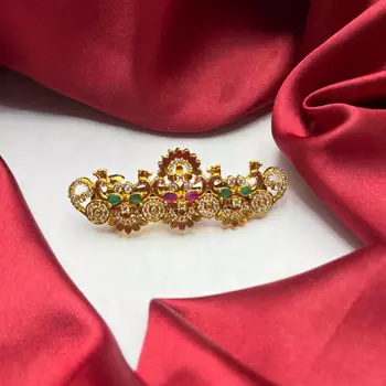 Gold-Plated Peacock Hair Clip with Kemp Stones, South Indian Wedding Jewelry 4