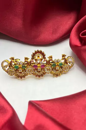 Gold-Plated Peacock Hair Clip with Kemp Stones, South Indian Wedding Jewelry
