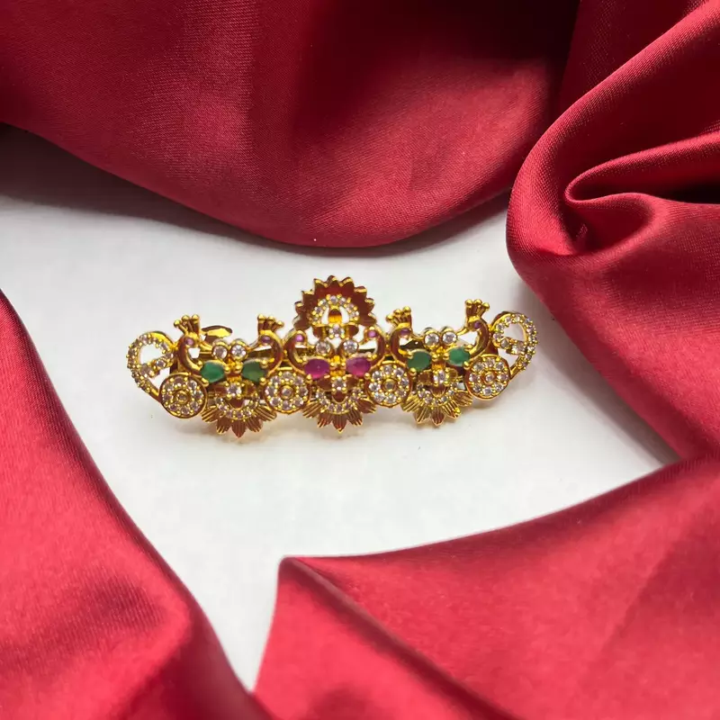 Gold-Plated Peacock Hair Clip with Kemp Stones, South Indian Wedding Jewelry