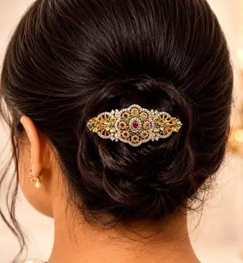 Indian Bridal Hair Clip, Gold Tone Juda Accessory, Floral Stone Brooch 1