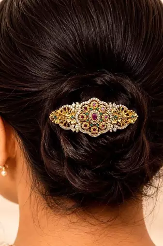 Indian Bridal Hair Clip, Gold Tone Juda Accessory, Floral Stone Brooch