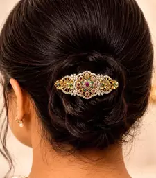 Indian Bridal Hair Clip, Gold Tone Juda Accessory, Floral Stone Brooch