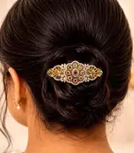 Indian Bridal Hair Clip, Gold Tone Juda Accessory, Floral Stone Brooch