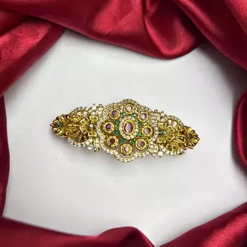 Indian Bridal Hair Clip, Gold Tone Juda Accessory, Floral Stone Brooch 2