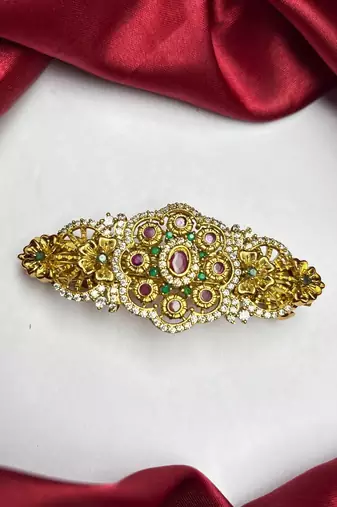 Indian Bridal Hair Clip, Gold Tone Juda Accessory, Floral Stone Brooch