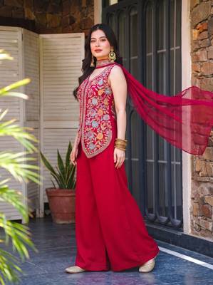 Women's Gorgeous Embroidery Work Georgette Silk Fabric Straight Kurta Sharara and Dupatta Set 1