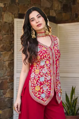 Women's Gorgeous Embroidery Work Georgette Silk Fabric Straight Kurta Sharara and Dupatta Set