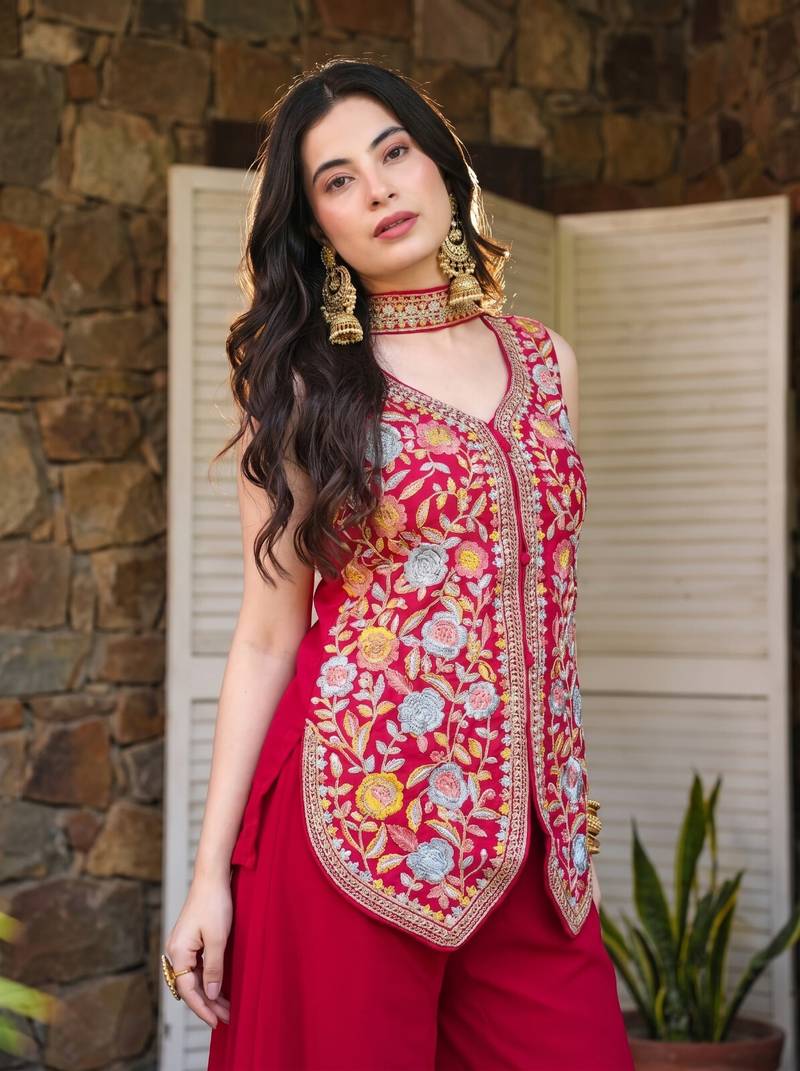 Women's Gorgeous Embroidery Work Georgette Silk Fabric Straight Kurta Sharara and Dupatta Set