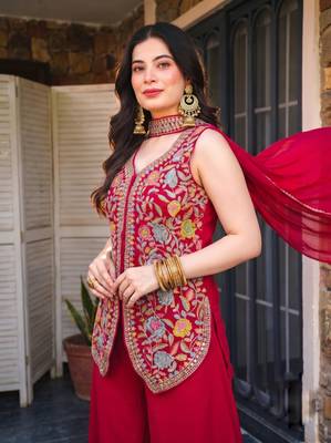 Women's Gorgeous Embroidery Work Georgette Silk Fabric Straight Kurta Sharara and Dupatta Set 3