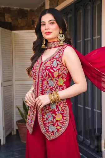 Women's Gorgeous Embroidery Work Georgette Silk Fabric Straight Kurta Sharara and Dupatta Set