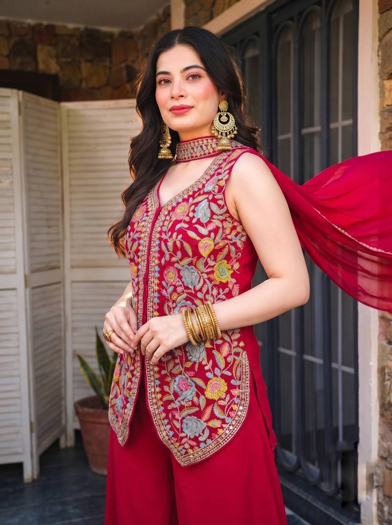 Women's Gorgeous Embroidery Work Georgette Silk Fabric Straight Kurta Sharara and Dupatta Set