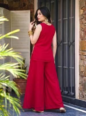 Women's Gorgeous Embroidery Work Georgette Silk Fabric Straight Kurta Sharara and Dupatta Set 4