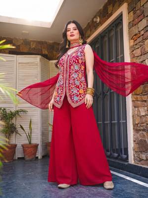Women's Gorgeous Embroidery Work Georgette Silk Fabric Straight Kurta Sharara and Dupatta Set 5