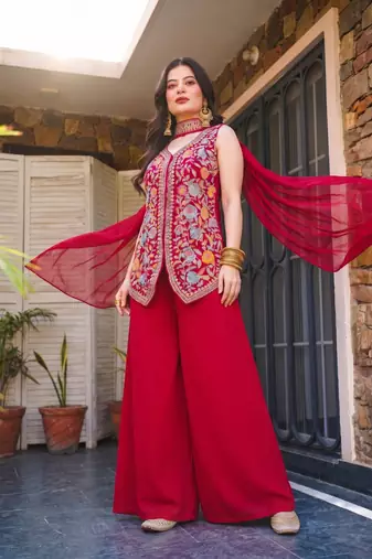 Women's Gorgeous Embroidery Work Georgette Silk Fabric Straight Kurta Sharara and Dupatta Set