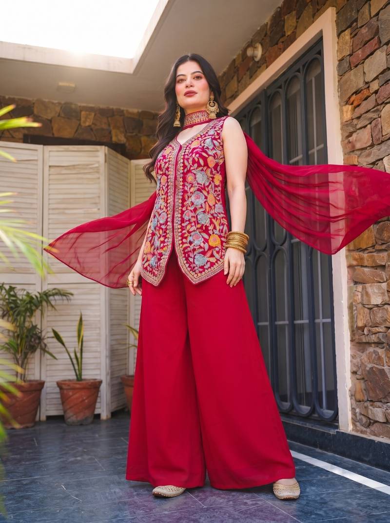 Women's Gorgeous Embroidery Work Georgette Silk Fabric Straight Kurta Sharara and Dupatta Set
