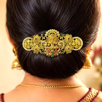 Traditional Indian Bridal Juda Pin, Gold Tone Kundan Hair Brooch 1