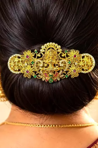 Traditional Indian Bridal Juda Pin, Gold Tone Kundan Hair Brooch
