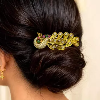 Gold Kundan Hair Clip for Bun, Indian Bridal Juda Accessory, Floral Stone Detail 1