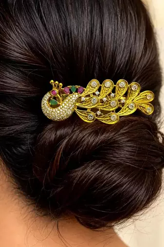 Gold Kundan Hair Clip for Bun, Indian Bridal Juda Accessory, Floral Stone Detail