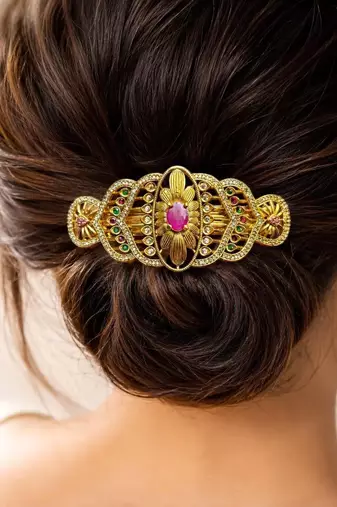 Indian Bridal Hair Juda Pin, Kundan Hair Clip, Gold Tone Bun Accessory, Traditional Wedding Hair Jewelry