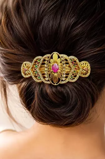 Indian Bridal Hair Juda Pin, Kundan Hair Clip, Gold Tone Bun Accessory, Traditional Wedding Hair Jewelry