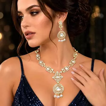 Gold Kundan Necklace Set, Polki Style Bridal Jewelry, Pearl Drop Earrings 1